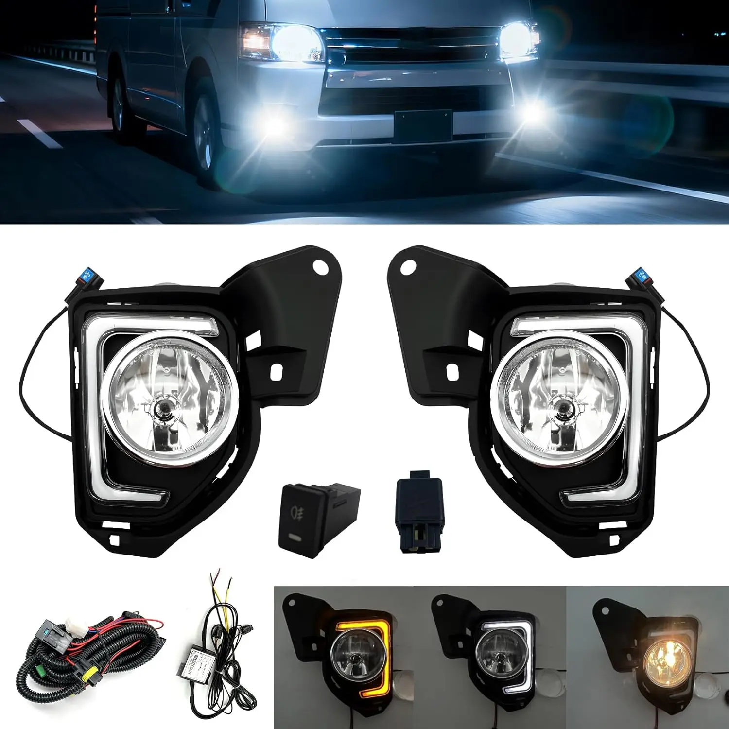 LED DRL Light for Toyota Hiace 2014 2015 2016 2017 2018 Halogen Fog Lights Assemblies Turn Signals Light Switch & Wiring Harness
