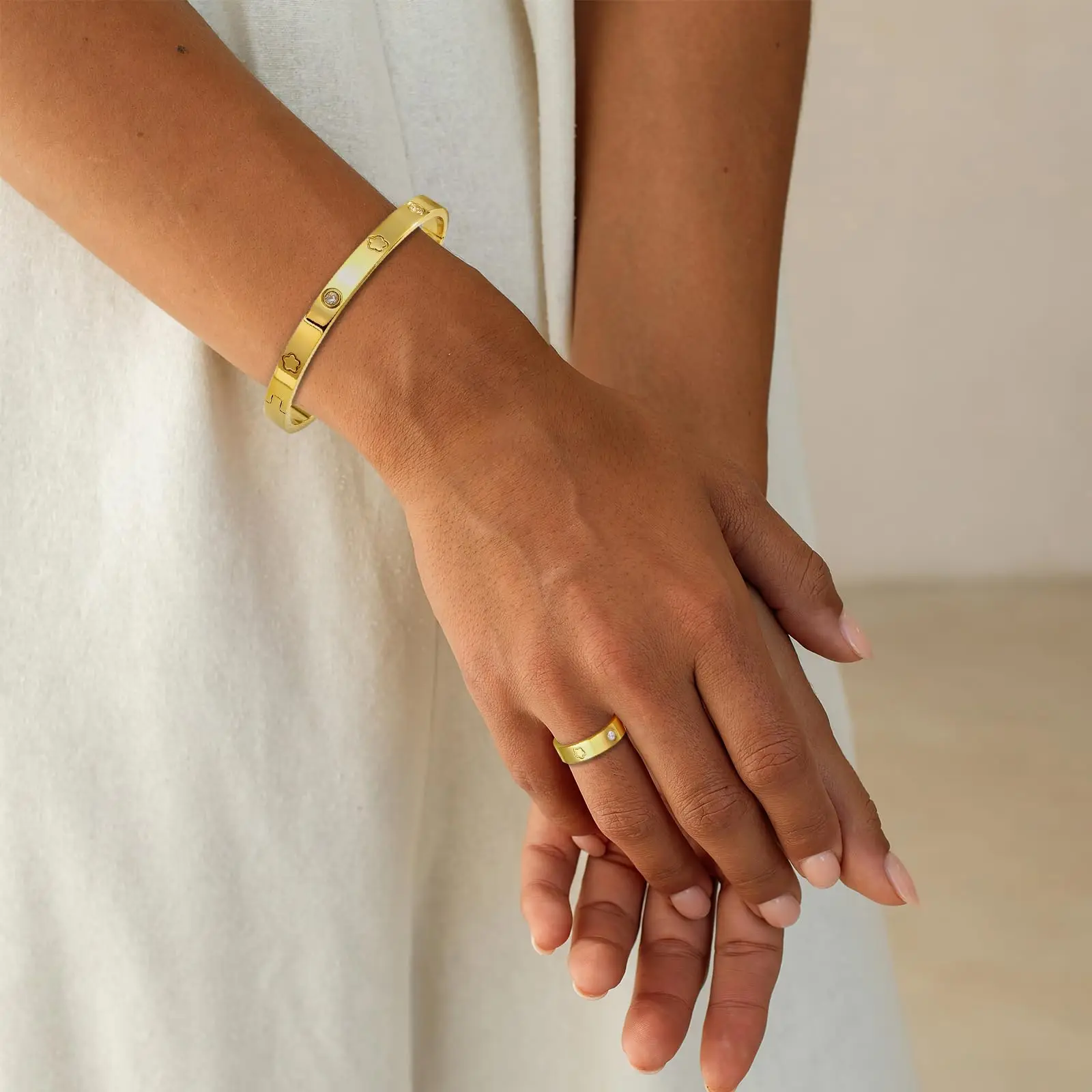 Lucky five-leaf clover bracelet and ring set, five-leaf clover zircon ring bracelet, flower chain bracelet set, Valentine's Day