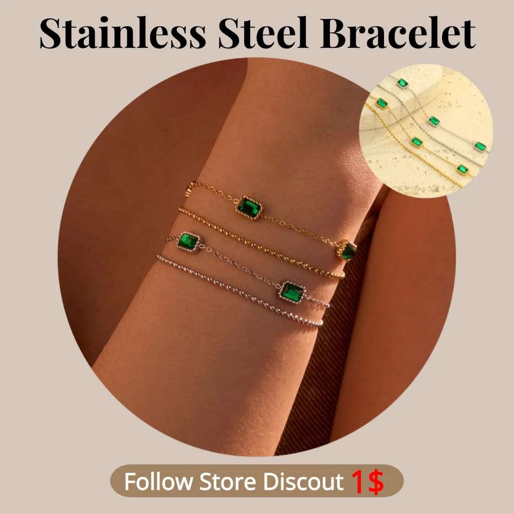 Stainless Steel Emerald Zircon Bracelet Plated 18k Gold Non Tarnish Waterproof Trendy Fashion Jewelry Bracelet For Women Gift