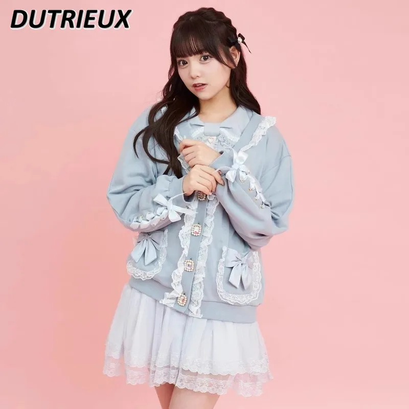 Japanese Style Sweet and Cute Lace V-neck Long Sleeve Sweater Coat Mid-Length Bow Belt-Loop Knitted Cardigan for Women Spring