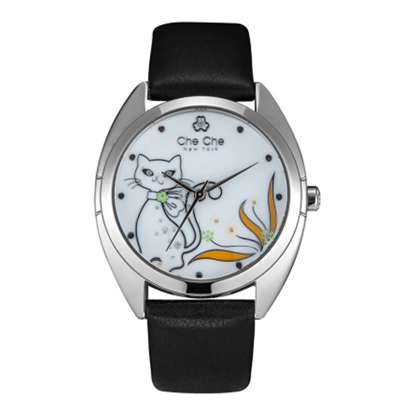 

Che Che модные наручные часы японские кварцевые женские часы-браслет женские часы с кошачьим циферблатом брендовые женские наручные повседневные кожаные часы CC037