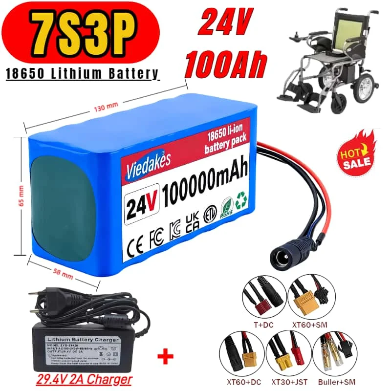 

24V Battery Pack for Electric Motorcycle24V Camping Equipment+optional Plug 7S3P 10000mAh18650 Lithium with BMS+2A Charger
