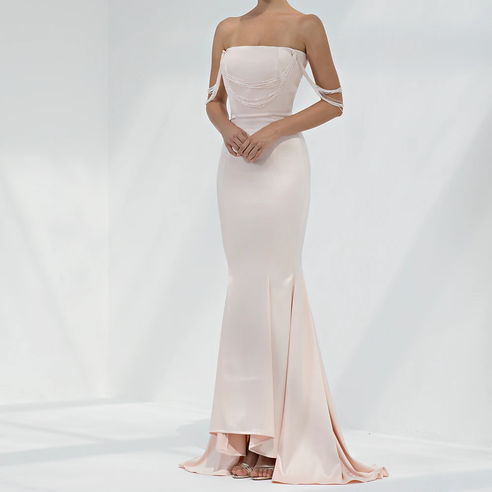 

Customized Modern Satin Mermaid Off the Shoulder Evening Dress Strapless Floor Length Sleeveless Panel Train Solid Color