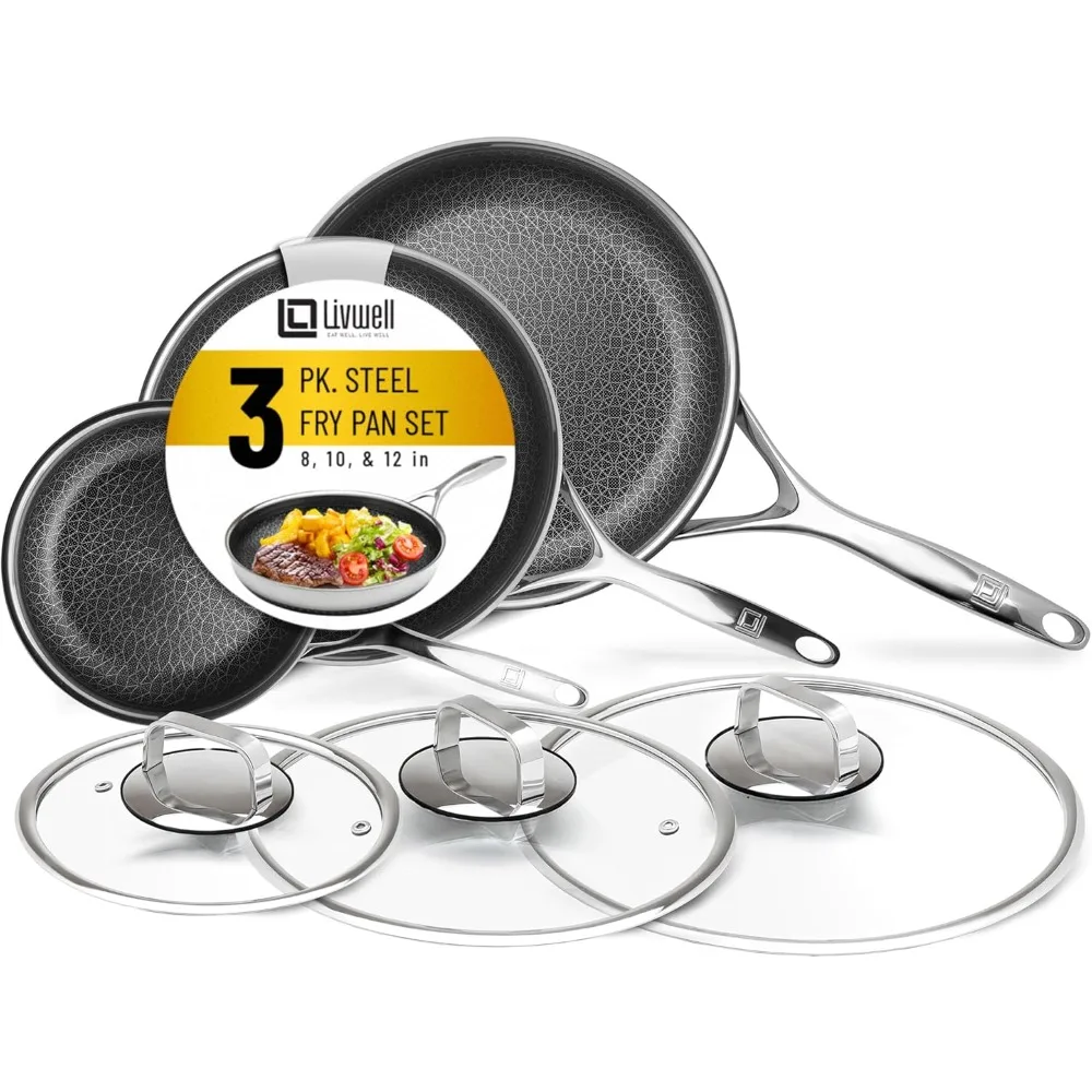 

LIVWELL DiamondClad Nonstick Stainless Steel Fry Pan Set - Kitchen Gift, Hybrid Cookware with Tempered Glass Lids, 8, 10-inch