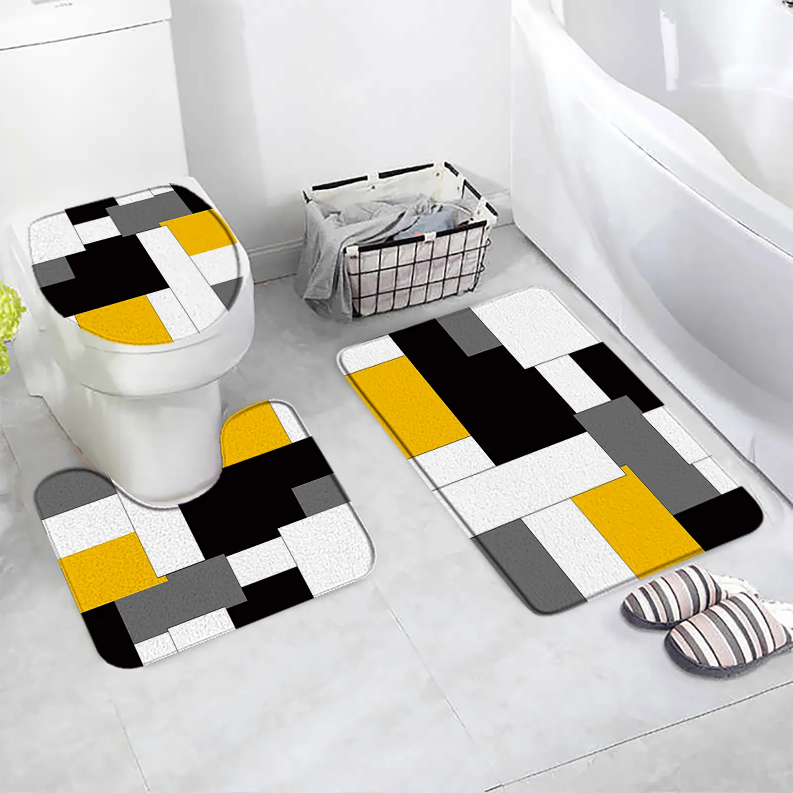 Creative Geometric Bath Mats Set Black Gray White Orange Splicing Pattern Home Bathroom Carpet Door Rug Anti-Slip Toilet Lid Mat