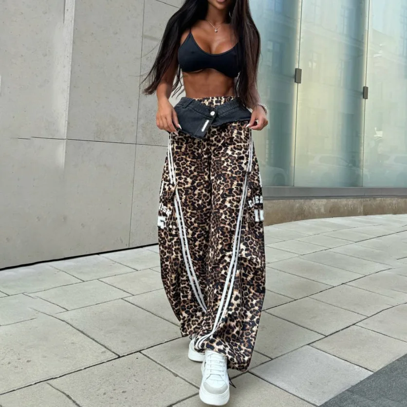 

Women High Waisted Wide Leg Pants Denim Leopard Print Patchwork Striped Trendy Loose Slimming Casual Trousers