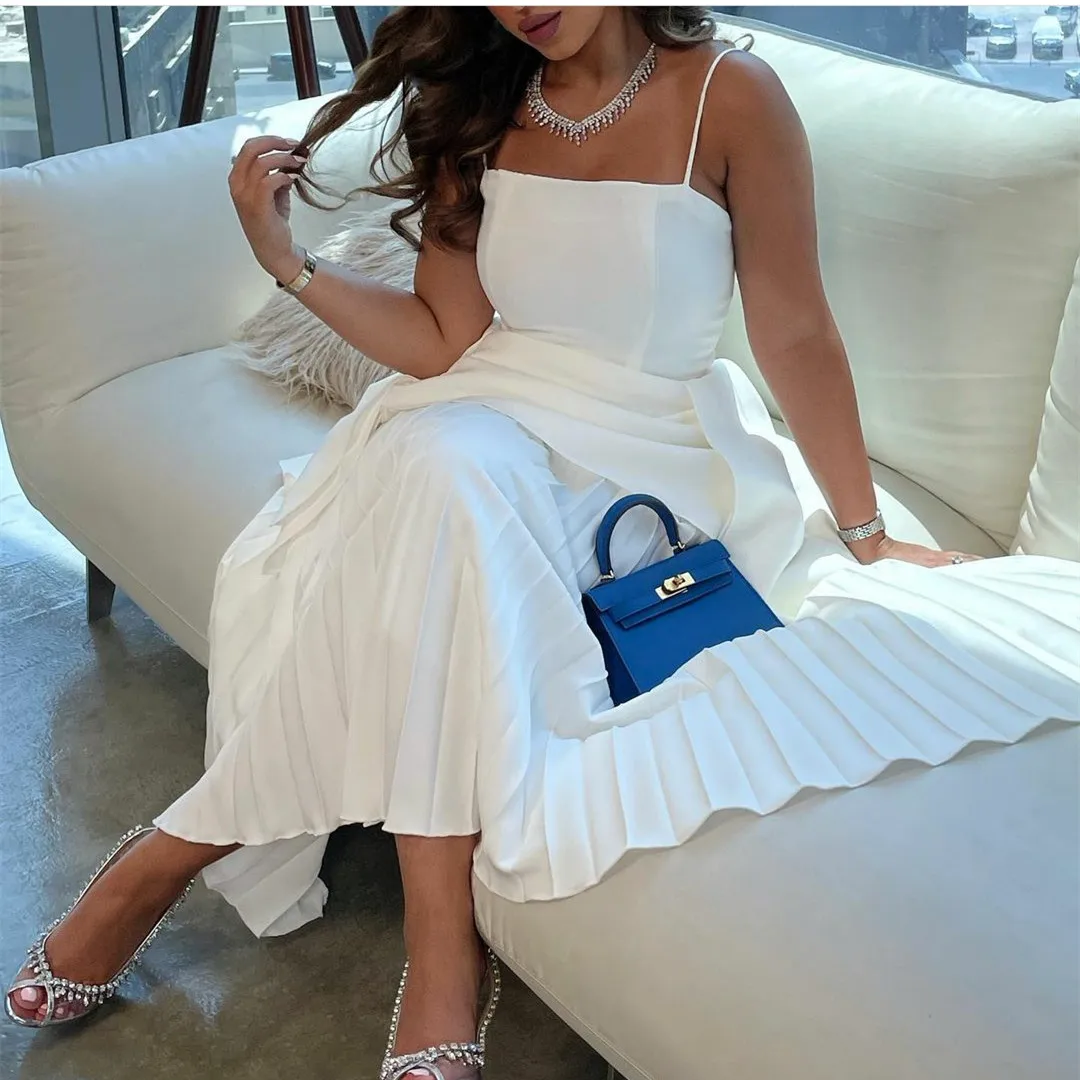 

Elegant Short White Pleated Evening Prom Dresses A-Line Spaghetti White Tea Length حزب اللباس Vestidos de Noche Party Gowns