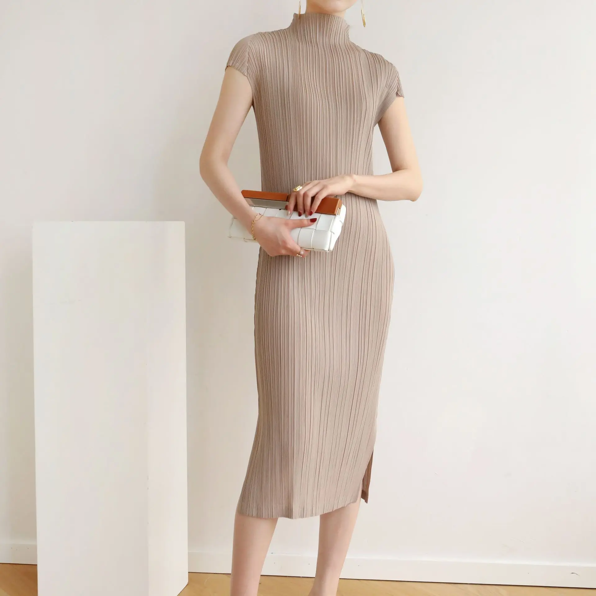 Miyake Pleated Short Sleeved Turtleneck Dress Women Summer Korean Fashion Designer Casual Side Slit Long Dresses - AliExpress 200000345 Miyake Pleated Short Sleeved Turtleneck Dress Women Summer Korean Fashion Designer Casual Side Slit Long Dresses - AliExpress 200000345