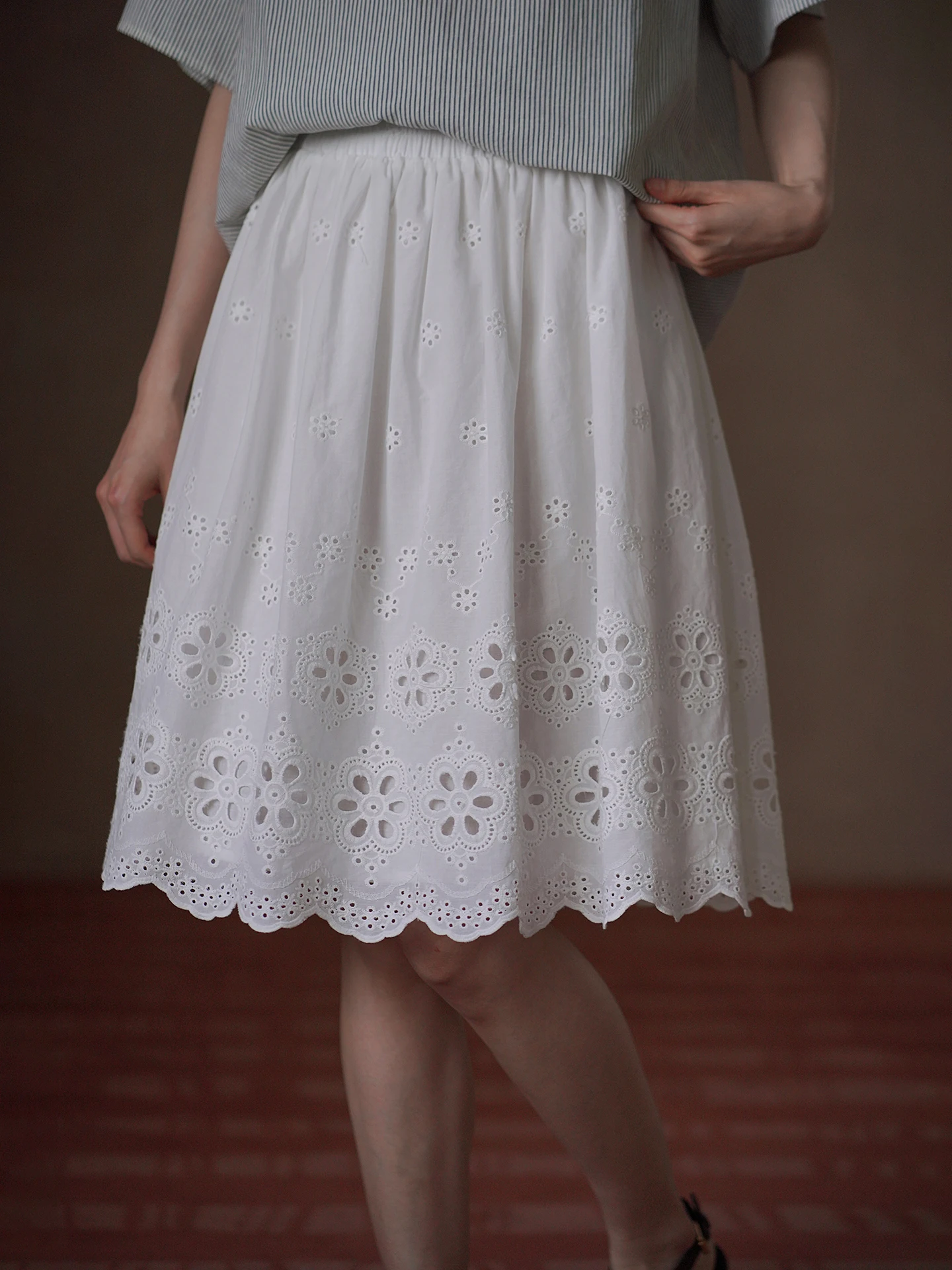 Hacikis Miss Daisy Hollow out Embroidery A-Line  Skirt High Waist Slimming Cotton Garden Fantasy Commute Style Casual Wear