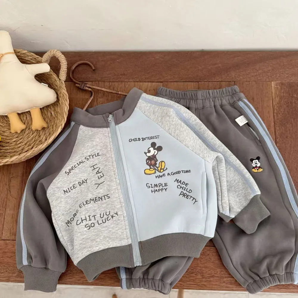 

Mickey Print Children 2pc Set Autumn Boys Hooded Long Sleeve Top+Elastic Waist Sweatpants Disney Cartoon Color Block Outfit