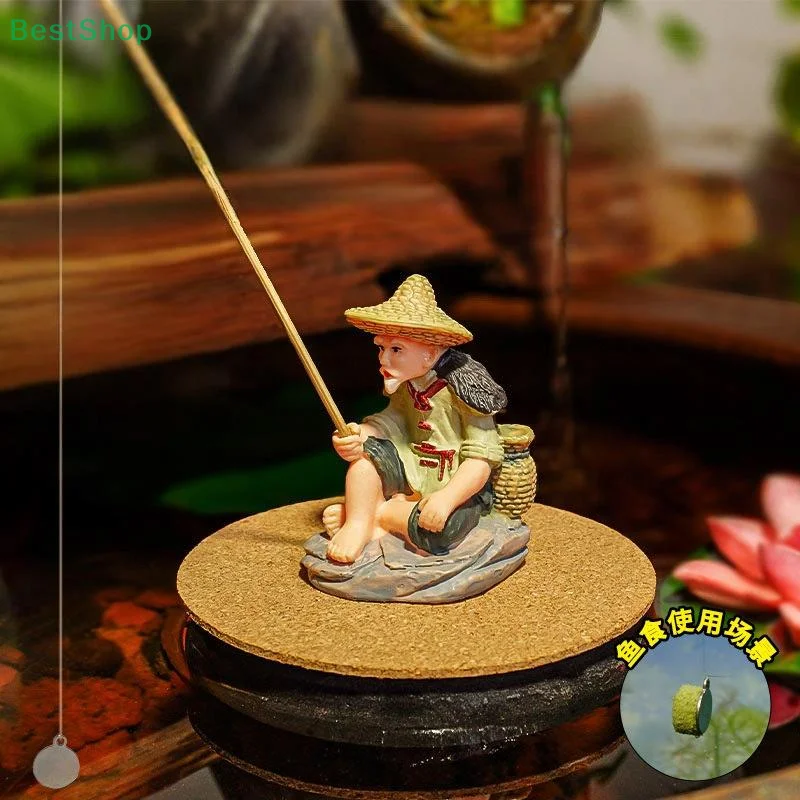 ★★★The Fish Tank Decor Mini Fisherman Fishing Old Man Resin Figure Statue Sitting Garden Ornament