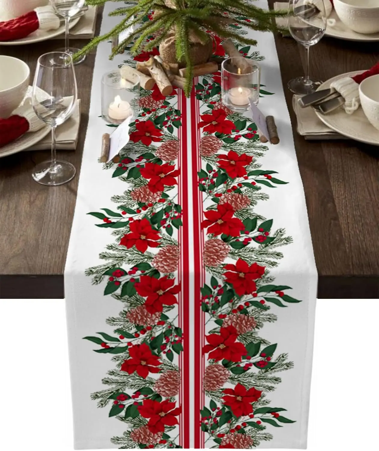 Christmas Poinsettia Pine Needles Pine Cones Linen Table Runner Party Decor Winter Flower Leaf Table Runners Navidad Decorations