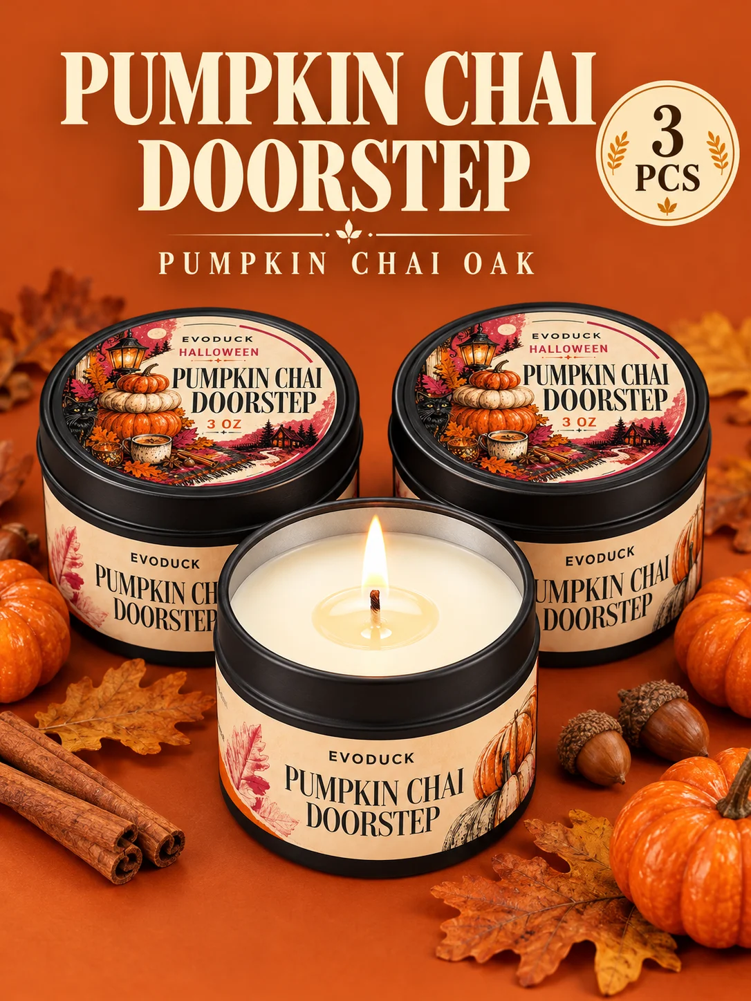 1/2/3pcs Halloween Scented Candle Pumpkin Chai Oak 3oz Black Tin Candle Pumpkin Spice Chai Latte Fragrance Candles for Porch Entryway Kitchen Fall Home Decor Halloween Thanksgiving Autumn Decorations Gifts for Women Mom Friends