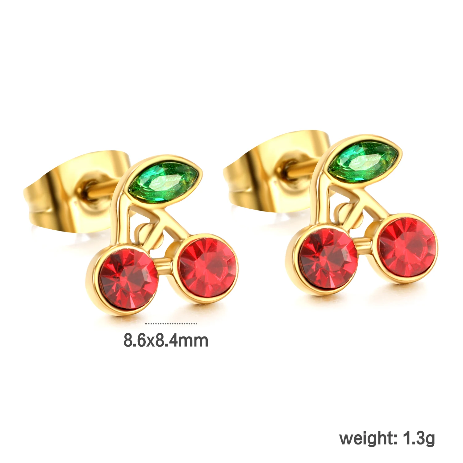 3 Paar Edelstahl-Ohrstecker mit süßen, niedlichen Kirschen und grünem Zirkon, Sommer-Strandschmuck-Accessoires für Frauen und Mädchen – Detail 3