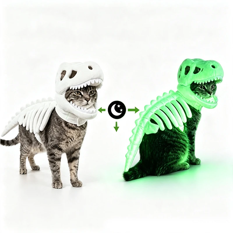 Fluorescent Dinosaur Skeleton Plush Pet Hat Halloween Dog Cat Cosplay Costume Soft T-Rex Skull Bone Party Dress-up Accessory