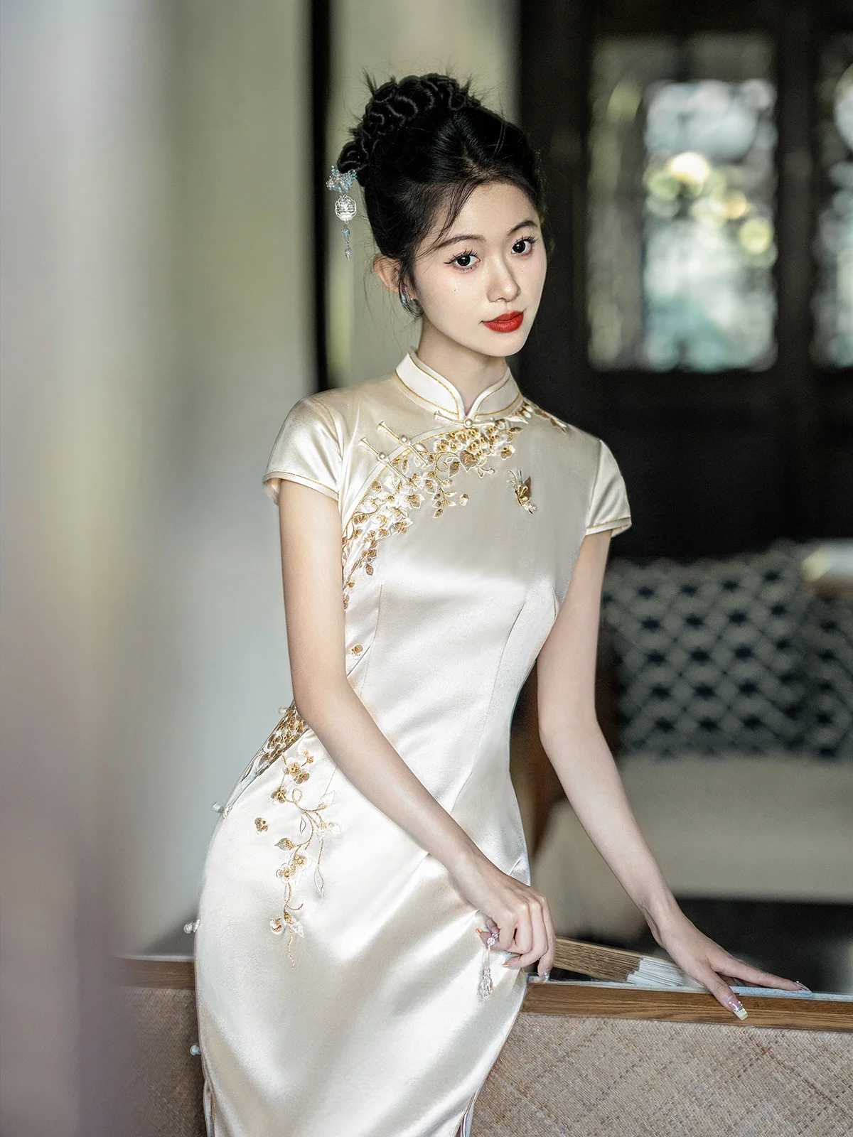 

Ele New Chinese Sle Wedding Dr для женщин Стильный матовый дизайн ort Sve Смесь полиэстера с низким разрезом