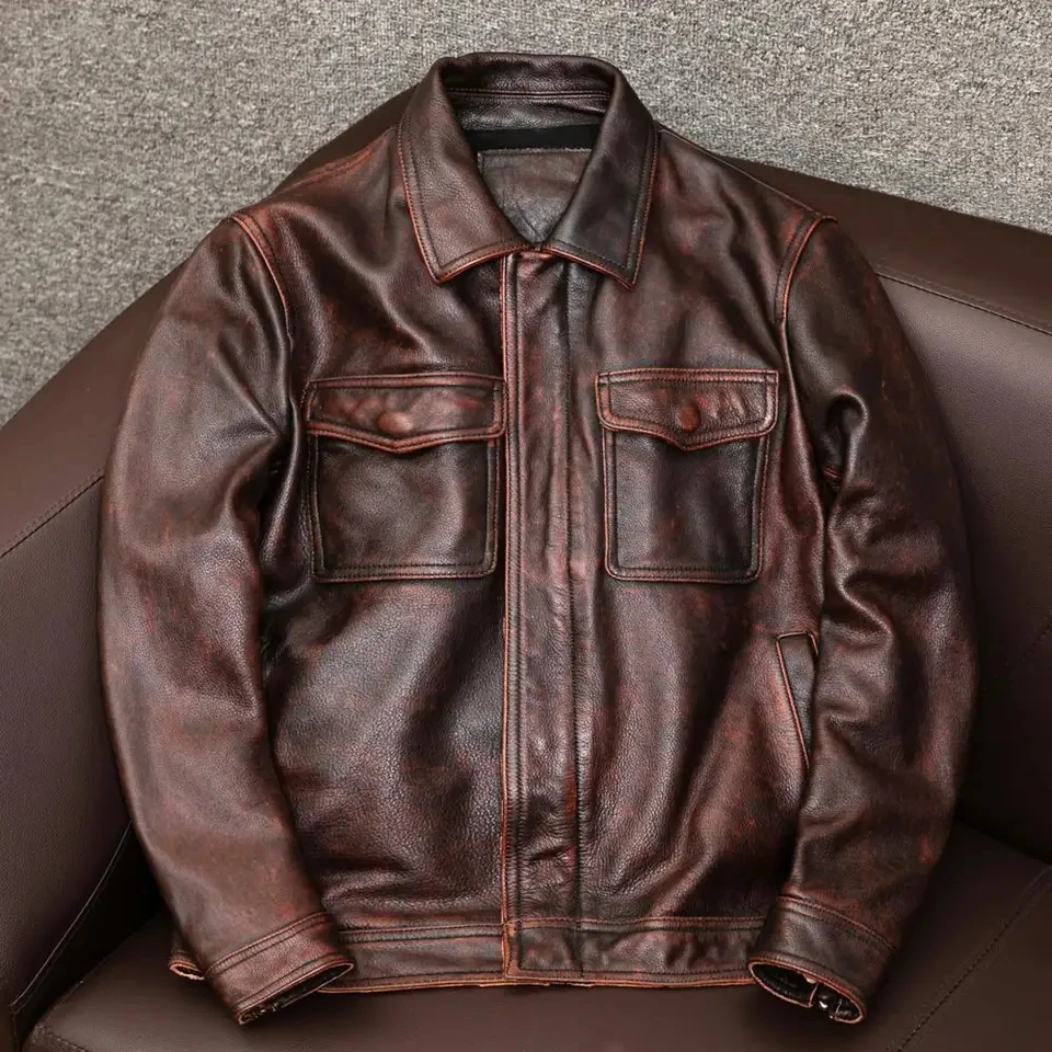

Europe and America Fashion Men Solid Color Simple Basic Casual Trendy Turn-down Collar Long Sleeve Faux Leather Coats Male Tops