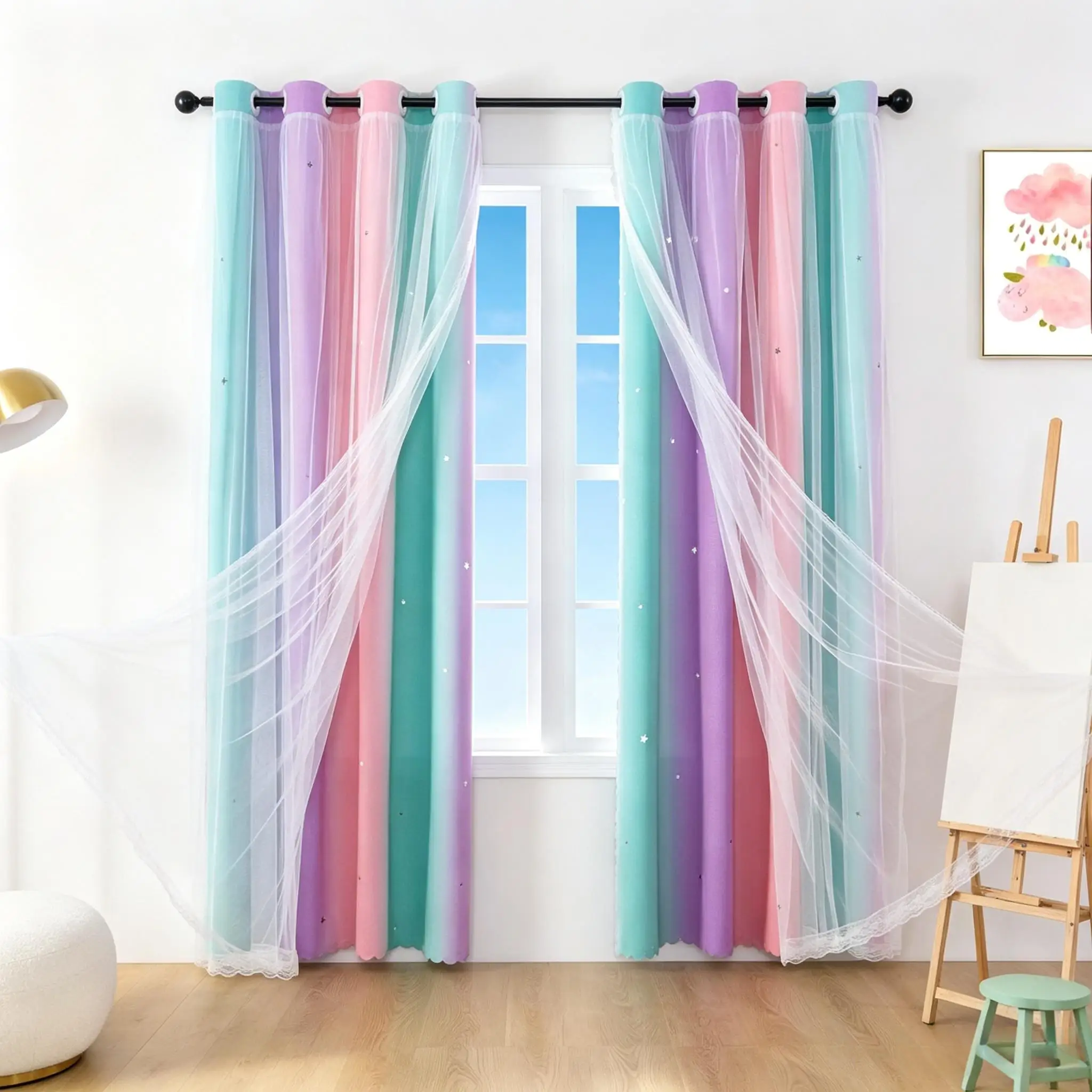 Blackout Curtains for Girls Kids Bedroom 2 Layer Thermal Insulated Rainbow Drapes 2 Panel Set Curtains with Sheer Pink/Purple