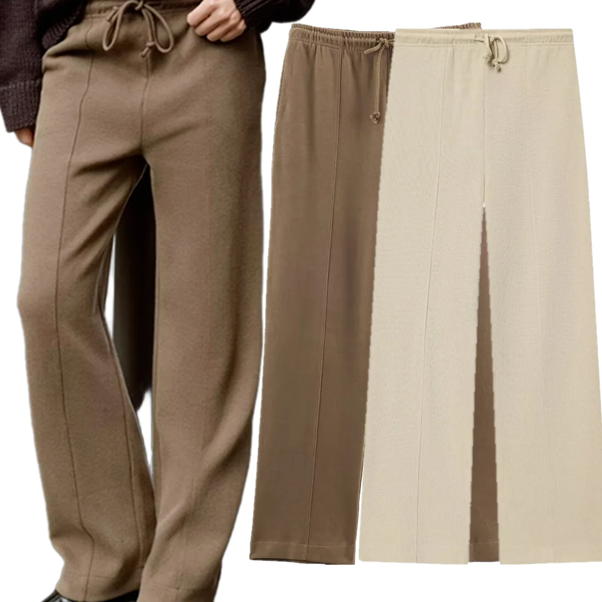 Dave & Di Nordic الحد الأدنى الكاكي خمر فضفاض المناسب سراويلي حريمي مع الرباط السراويل المستقيمة السراويل النسائية الأنيقة ، امرأة Clo #1