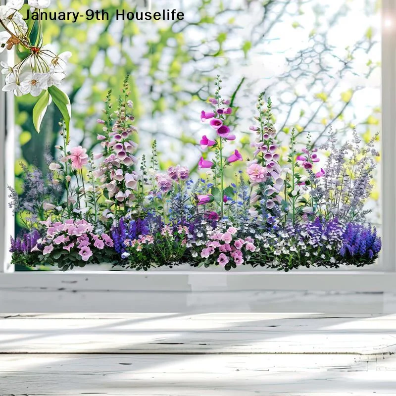 Garden Style Flower Pattern Window Sticker Removable Floral Double Sided Window Clings For Kitchen Bedroom Office School Decor