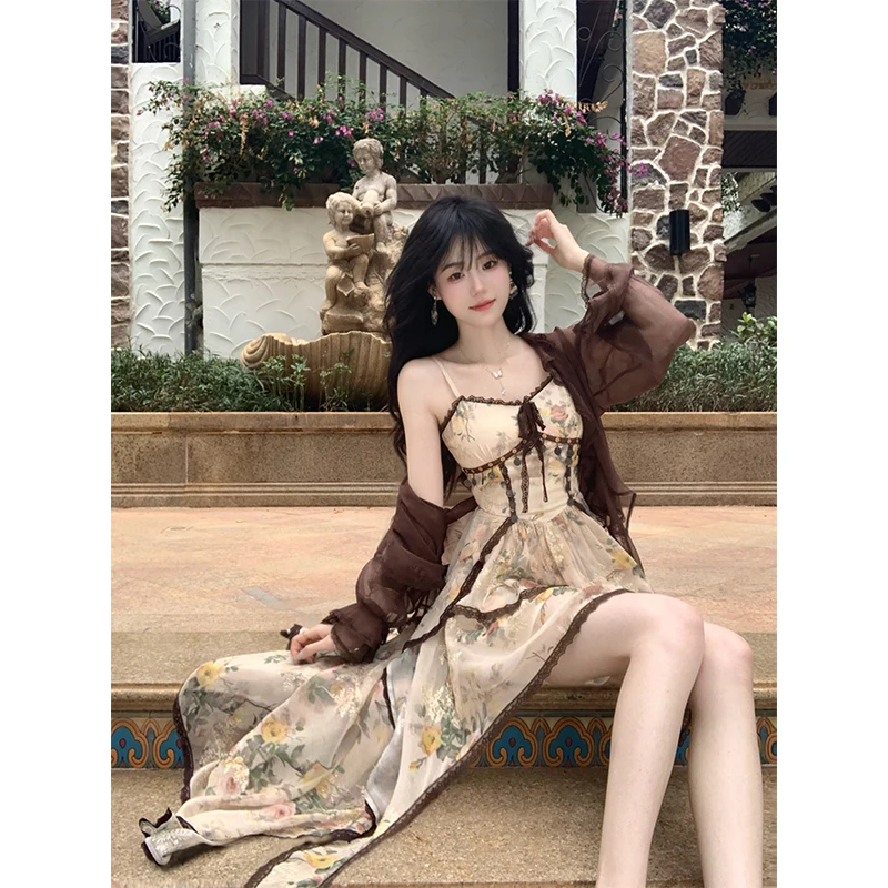 Abito longuette irregolare vintage Donna Boho Vacanza Abiti floreali con cinturino per spaghetti Festa estiva Coreano Ruffles Abiti aderenti Nuovo