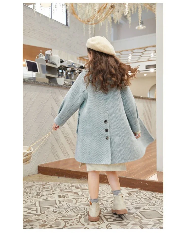 Girls Woolen Coat Autumn New Korean Version Foreign Style Coat Long Fashion Spring and Autumn Korean Simple Style Clothes