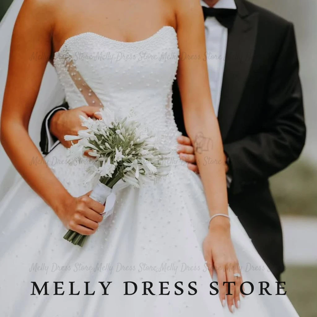 Melly Wedding Dress Sweetheart Strapless Beaded Satin amanda novias oficial A Line Sweep Train Ball Gown Bridal Gown Customized