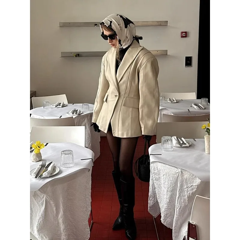 Elegant Women Solid One Button Jacket Fashion Lapel Loose Full Sleeves High Waisted Coat Autumn Chic Lady Street Commute Outwear