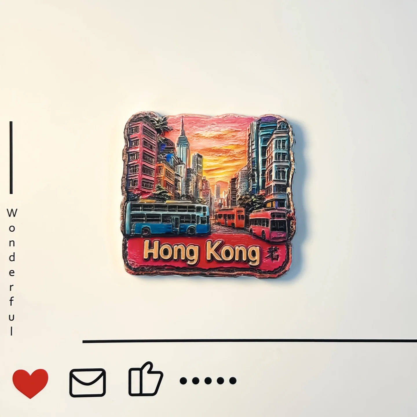 China, Hong Kong, bustling cities, tourist souvenirs, double decker buses, distinctive high aesthetics, refrigerator stickers