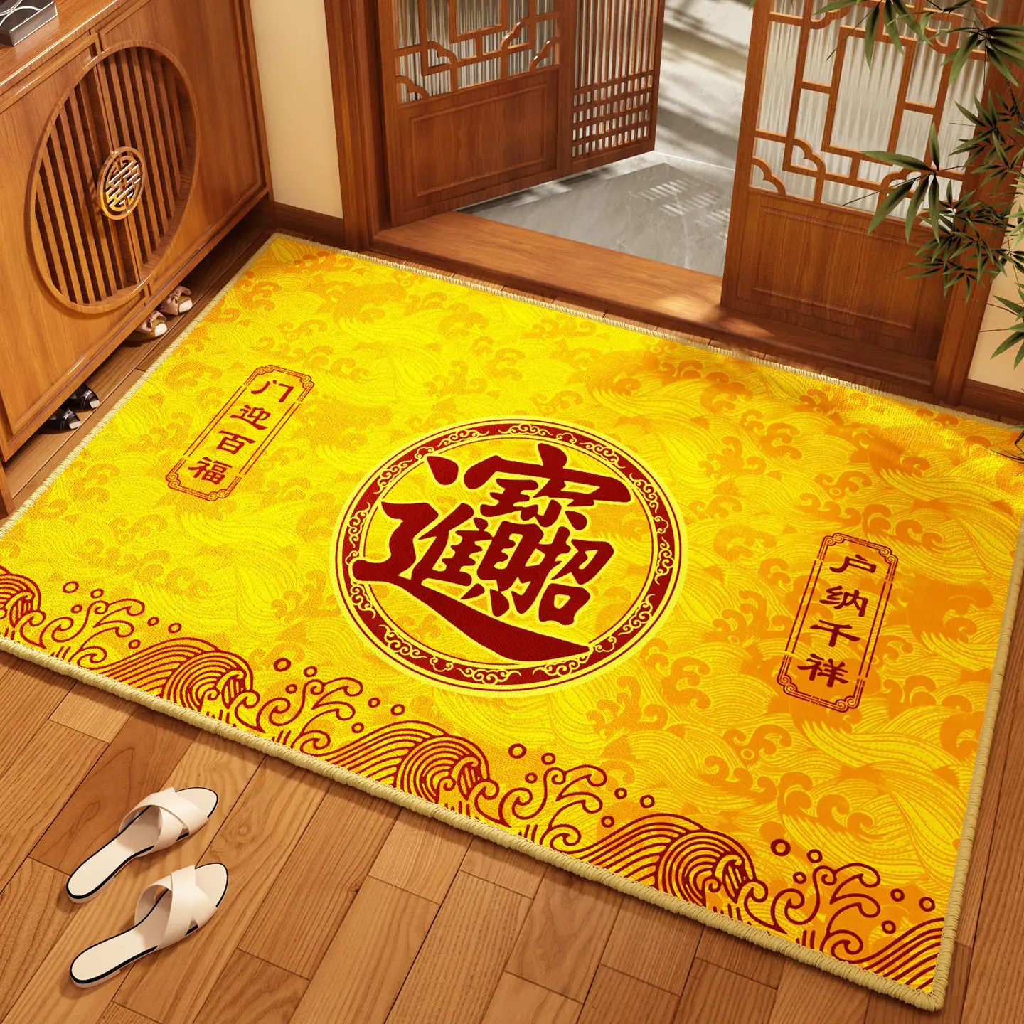 nouveau-tapis-d'entree-feng-shui-2025-pour-attirer-la-richesse-en-or-jaune-tapis-de-porte-carre-en-fibre-de-polyester-style-chinois-personnalisable