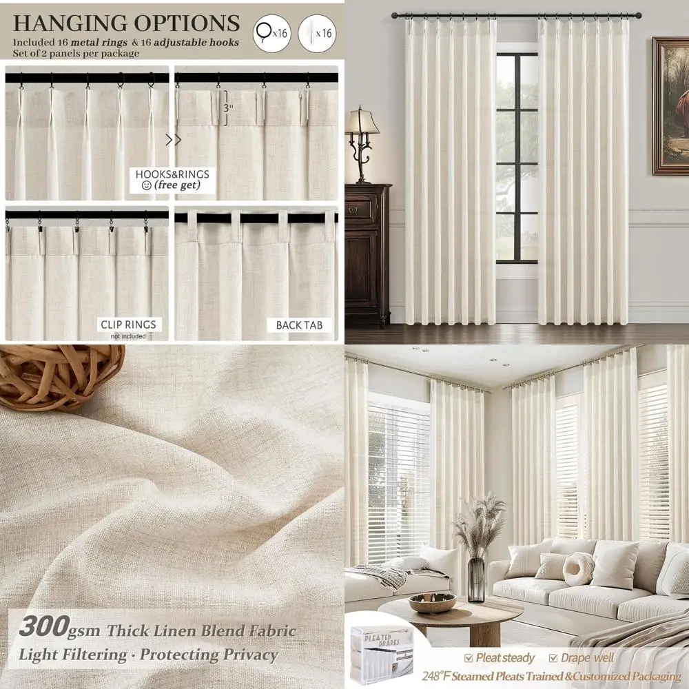 

Cream Beige Pleated Linen Curtains, 84 Length, 2-Panel Set for Living Room, Semi-Sheer Privacy with Light Filtering