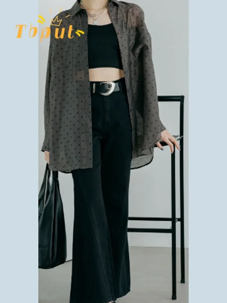 

Женская шикарная повседневная прозрачная рубашка в горошек оверсайз с длинным рукавом, модная рубашка на пуговицах, весна 2026, для офиса и улицы