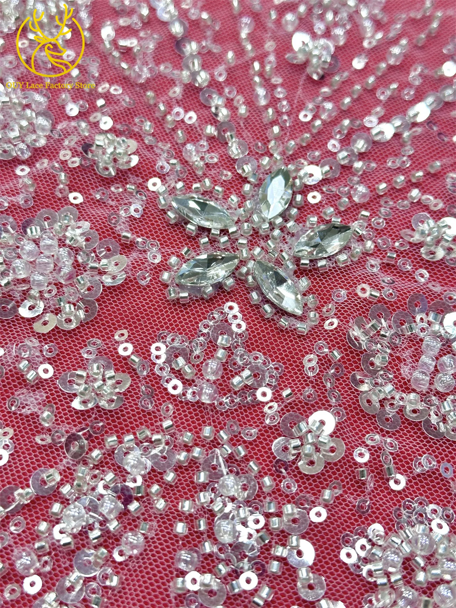2026 Luxuriöser französischer Mesh-Spitzenstoff mit Perlen und Steinen, marineblau, afrikanischer nigerianischer Edelstein-Pailletten-Spitzenstoff zum Nähen von Hochzeitskleidern – Detail 11