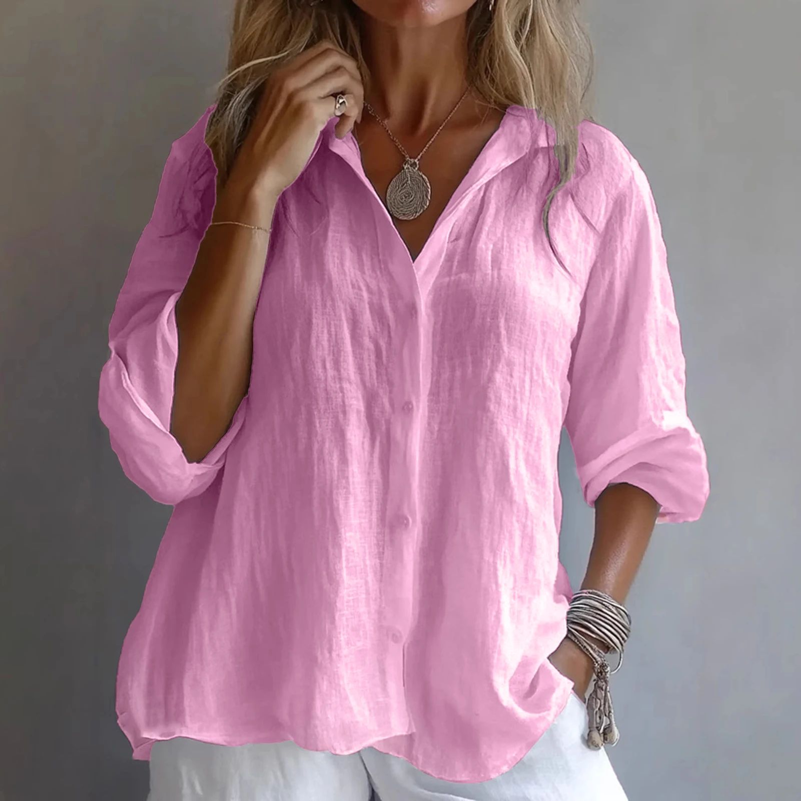 

Spring Autumn Women Shirts Solid Casual Blouses Female Tops Loose Korean Style Blusas Long Sleeve Turn-Down Collar Shirt