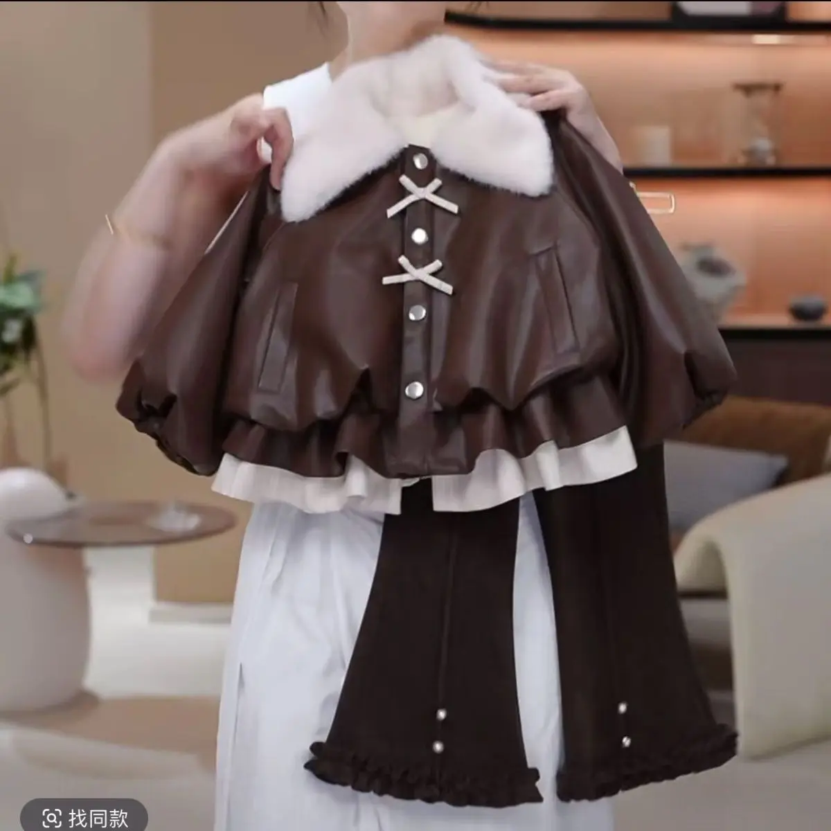 

Winter Warm Girls Skirt thick Cute lapel Artificial fur Coat Jacket + Flared pants Children Tops Cotton Thick Kids Party Clothes