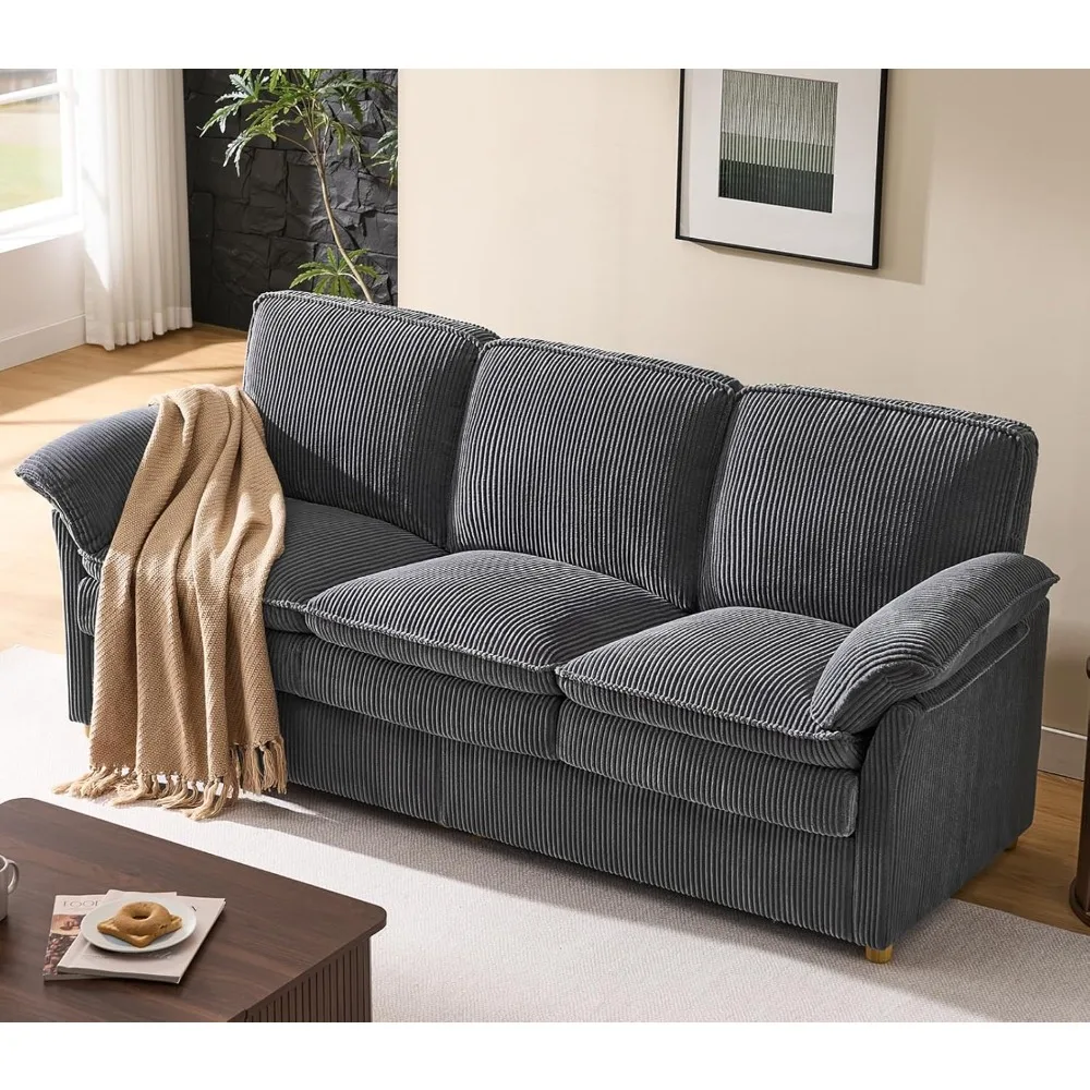 أريكة سروال قصير حديثة بثلاثة مقاعد في منتصف القرن لغرفة المعيشة مع مساند للذراعين ذات وسادة علوية ووسائد مزدوجة الطبقات