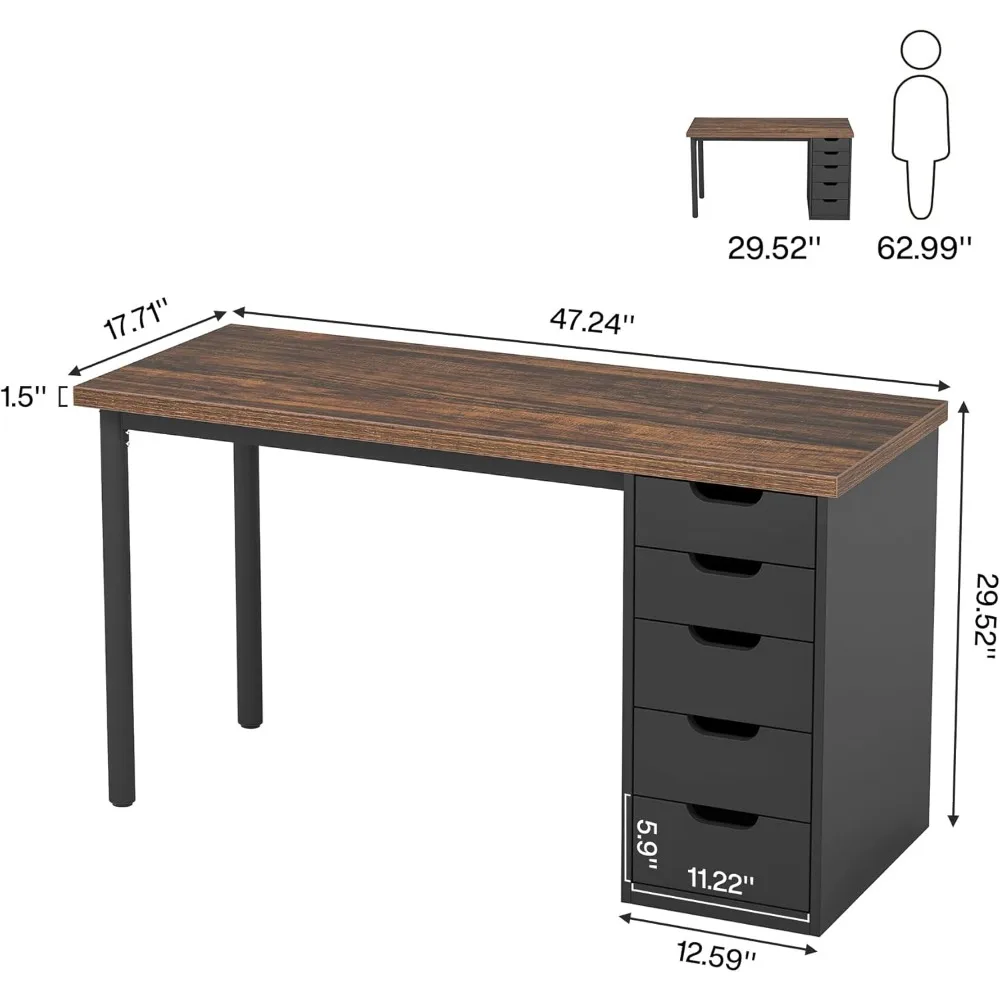 Computer Desk with 5 Drawers, 47 inches Rustic Brown Home Office Desk with Storage, Modern Simple Laptop Desk Study