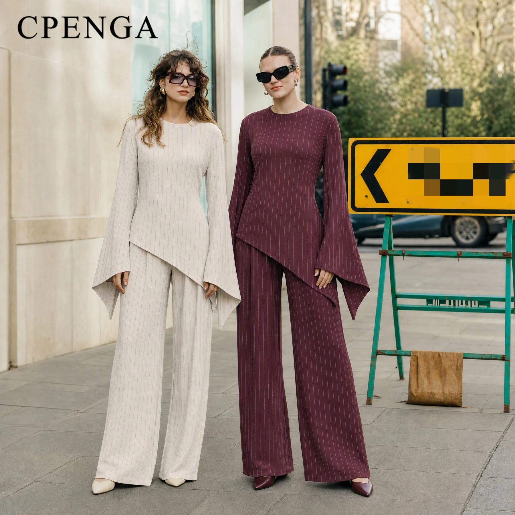 Muslim Woman Clothing Abaya Women's Traditional Matching Sets Striped Two Piece Long Sleeve Tie Waist Wide Leg Pants Set