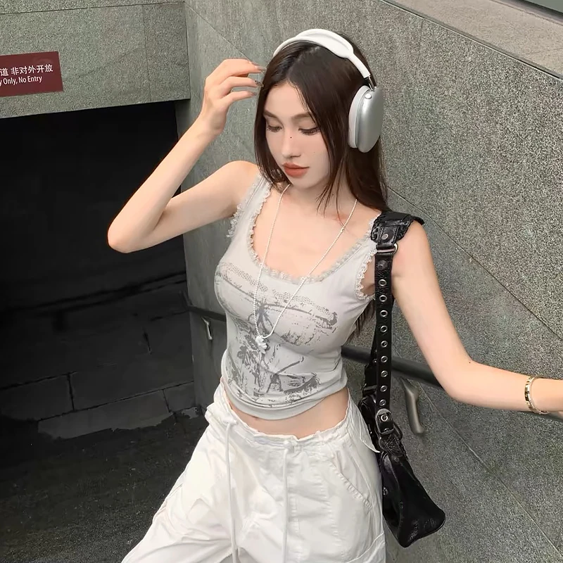 Summer Women Dark Academia Bodycon Lace Tank Top Crop Top Harajuku Goth Y2k Streetwear 2000s Aesthetic Hot Sexy