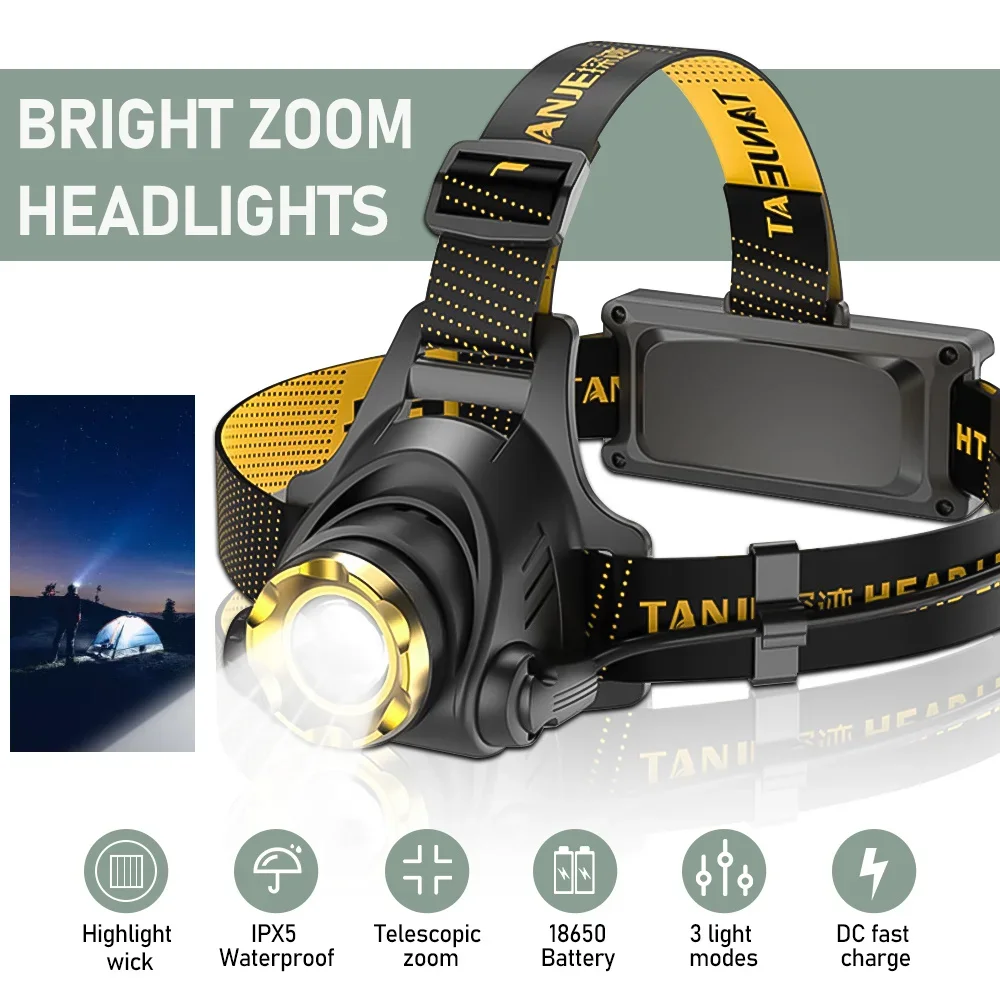 New Headlamp USB Rechargeable Powerful Batteries Headlight Camping Search Light  Flashlight 90° Adjustable  Strap Lamp