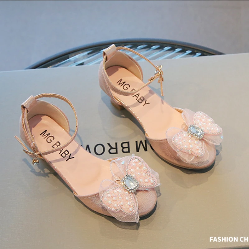 Child Shoes Girl Pearl Leather Shoe New Cute Princess Shoe Rhinestones Girl Sandals Bow Tie Mary Jane Shoe Kid High Heels Zapato