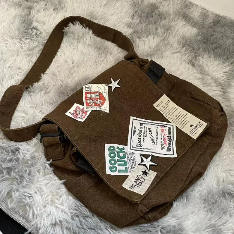 Vintage Y2k Messenger Bag for Women Canvas Star Patch Students School Crossbody Bags American Fashion Retro Female Handbags