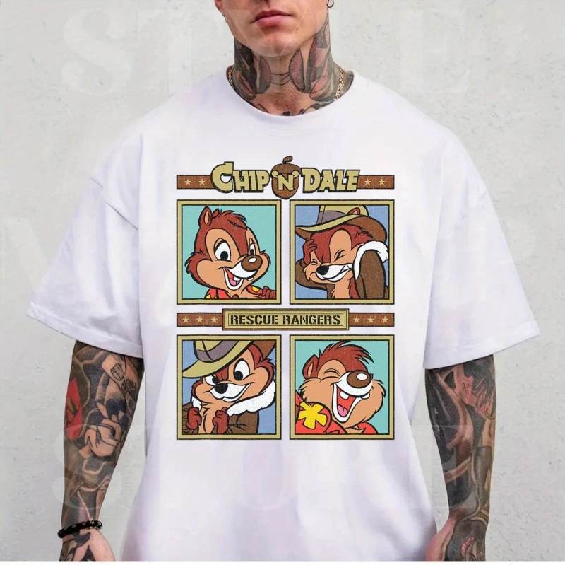 Camiseta de verano de los héroes de rescate de Mickey y Titi de Disney: estampada con patrones de Mickey, Titi, gadgets, cremalleras y Monterey Jack