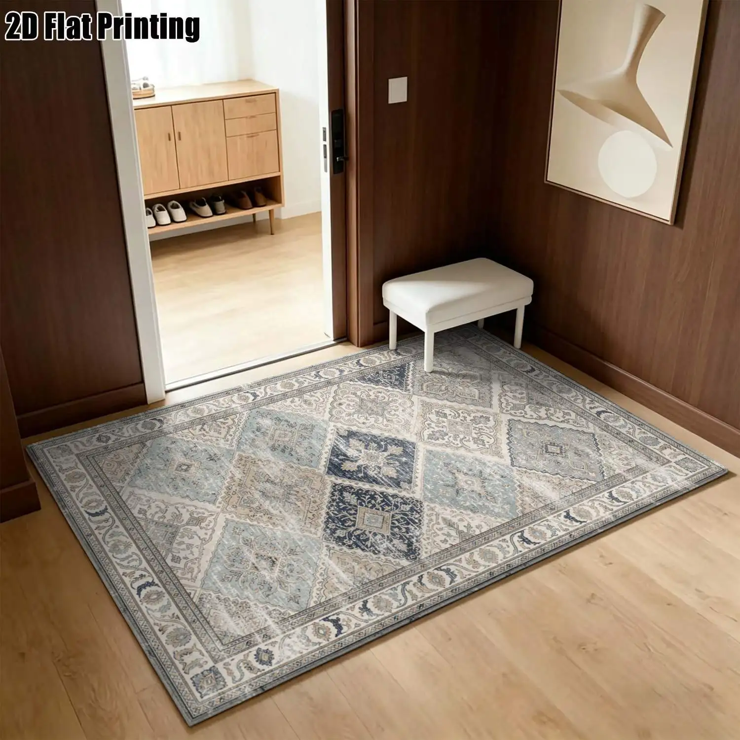 1Pc 2D Printed Carpet: Blue-Grey Retro European Patterns, Machine Washable, Multi-Size for Home Decor & Multi-Scenario Use