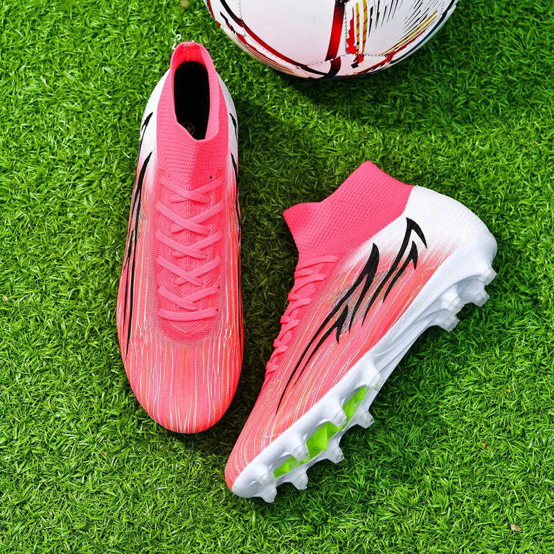 A pair of youth high-top FG soccer cleats, gradient streak knit upper, firm long studs for natural grass competition WJS-2820