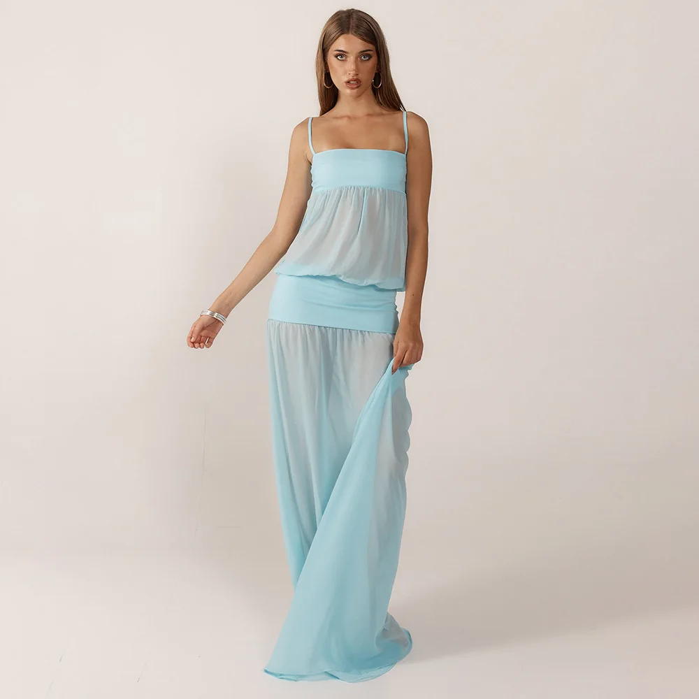 Light Sky Blue Women's Prom Dress Sexy Stripe Sleeveless See Through Sheer Long Robe Casual Formal Birthday Wedding Party Gown