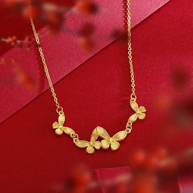 

9999 Real Gold 24K Sweet Stylish Simple New Chinese Butterfly Clavicle Set Chain Butterfly Versatile Necklace