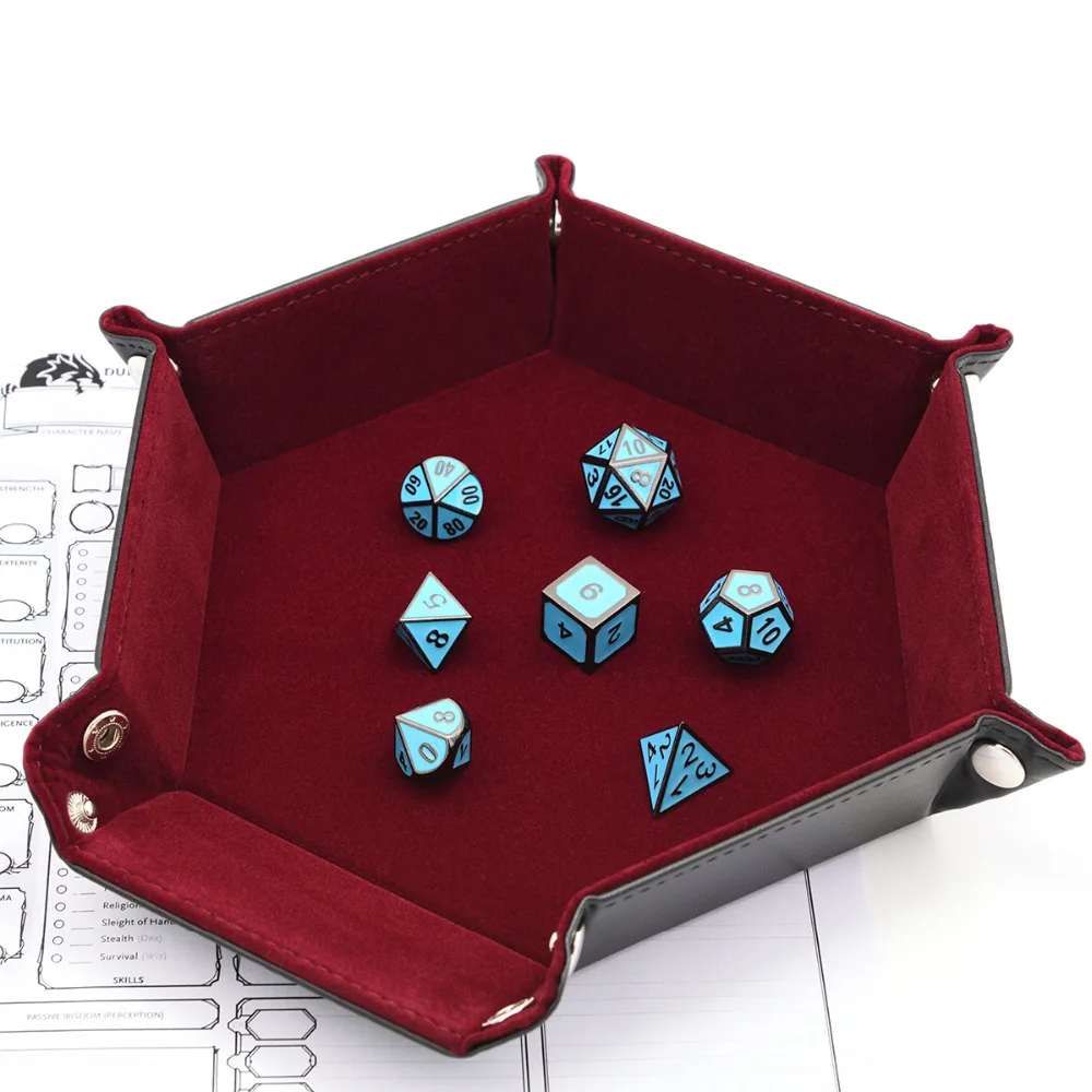 Hexagon Folding Dice Tray with Red Velvet for Using Dice Games and Storage Keys Coin Jewelry Rinkets Pu Tray Desktop Storage Box