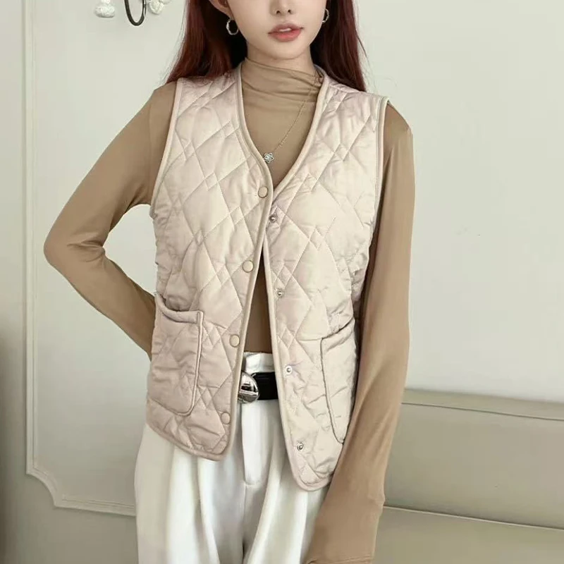 سترة نسائية مبطنة بنمط الماس بدون أكمام سترة واحدة الصدر للخريف والشتاء سترة طبقات عصرية يومية Trafizaran #2