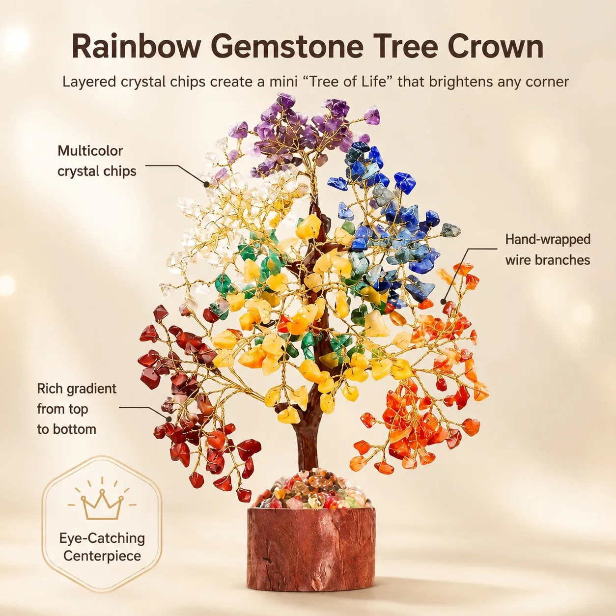 Colorful wooden stake bottom broken stone tree, suitable for crystal handicrafts, suitable for home tabletops, furniture decoration, and is the best choice for holiday gifts